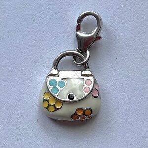 925 Silver White Enamel Floral Purse / Bag Dangle Charm Pendant